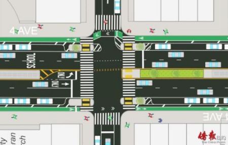 交通局公布四大道改造计划图,设自行车道后十字路口4个行人岛将缩小.