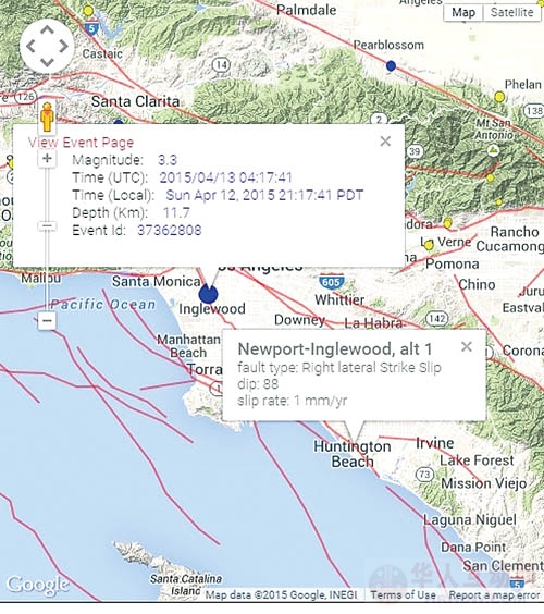 12日发生3.5级地震的位置就在英格坞新港滩断层的北端.加州理工大学图片